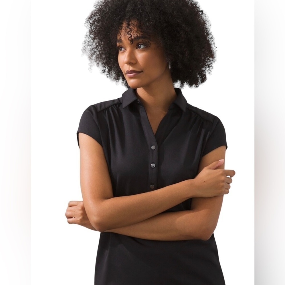NWT CHICO'S Zenergy UPF Cap Sleeve Black Polo Top Women's Size 00/XS
